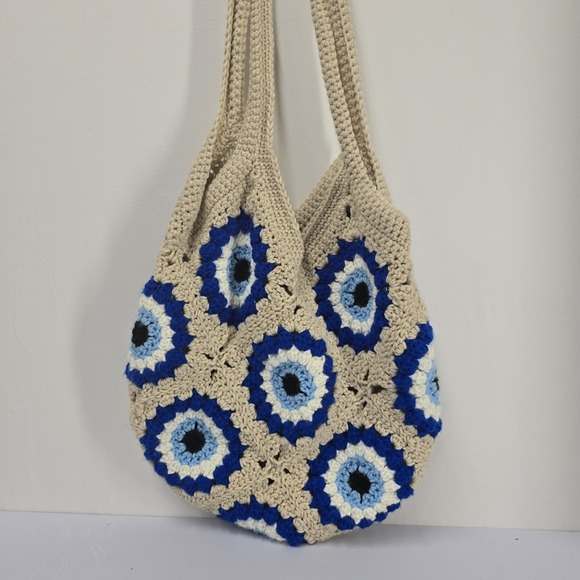 Handmade Crochet Evil Eye Tote Bag Beige Blue Boho Summer Beach Purse - Picture 3 of 3
